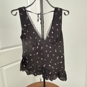 Black Butterfly Print Sleeveless Ruffle Tank Top Women's Small NWT